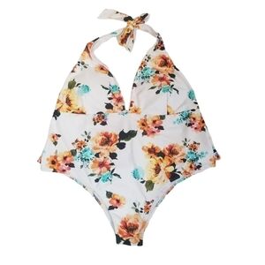 CUPSHE  SZ 3X One Piece Swim Suit Built In Padded Bra White Orange Floral Halter